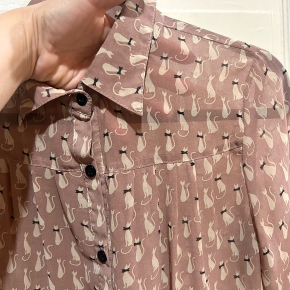 Retro Kitty Mod Cat Sheer Button-Up Blouse - Picture 3 of 6